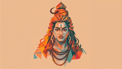 Colorful abstract polygonal portrait of Lord Shiva with a crescent moon in his hair.