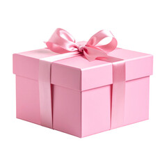 A neatly wrapped pink gift box adorned with a satin ribbon bow on top.