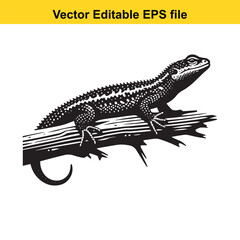 A black and white illustration of a lizard perched on a branch