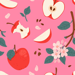 Flower seamless pattern with red Apples and bloom Branch. Repeating pink background with fruits harvest and blossom plants. Hand drawn vector botanical illustration for design, print, paper, card