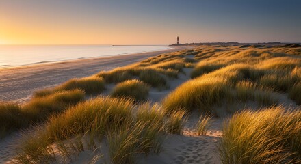 Obraz premium Soft sand dunes at sunset with golden grass