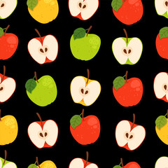 Seamless vector pattern with whole apples leaves and apple slice. Set of green, red and yellow apple, cut. Vector hand drawn illustration for fabric, drawing labels, print.