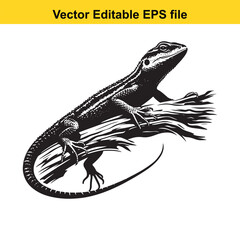 A black and white vector illustration of a lizard on a branch