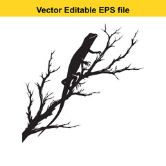 Silhouette of a lizard perched on a barren tree branch