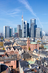 Frankfurt skyline skyscrapers in city center with the Römer portrait format from above in Frankfurt, Germany