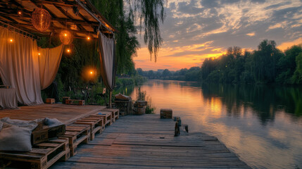 Naklejka premium Riverside Pallet Stage with Draped Canopy Glowing at Sunset During Sommerwerft Festival in Frankfurt
