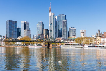 Frankfurt skyline skyscrapers with banks on River Main with excursion boats in Frankfurt, Germany