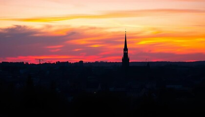 Tallinn's dark silhouette sharply defined against a vibrant sunset sky, towers, Old Town