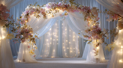 String lights wrapped around floral arch for ceremony entrance, 8K detail