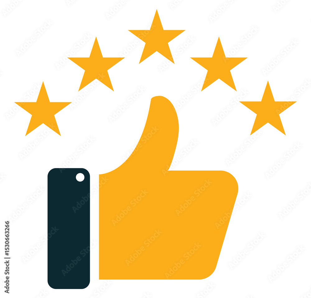 Poster thumb up icon. thumb up with five stars icons set, representing a high rating or positive feedback. 