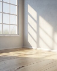 Sunlight streams through a large window, casting soft shadows on a clean, empty room with light wooden floors and textured white walls