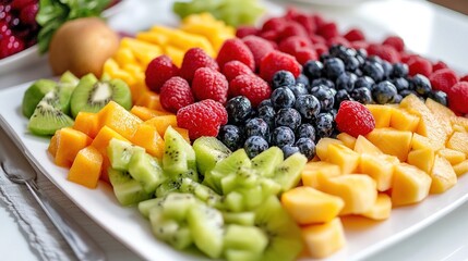 A colorful platter of fresh cut fruits including kiwi, cantaloupe, mango, raspberries, and blueberries, arranged neatly on a white plate.