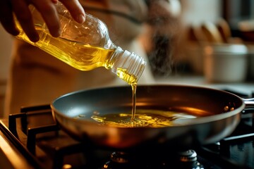 In his kitchen, a man recycles used edible oil by pouring it from a frying pan into a plastic bottle. This high-resolution photo illustrates the concept of home recycling.