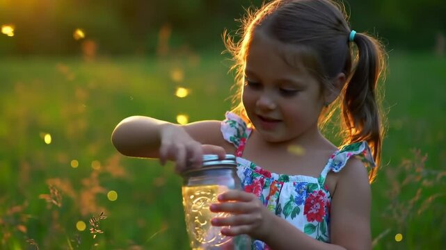 Child observing fireflies at sunset