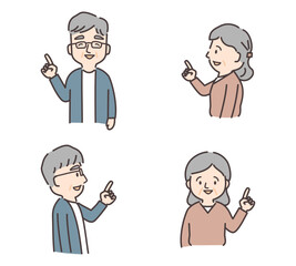 指差しをするシニア夫婦の上半身イラストセット（正面・横向き）