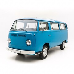 A blue vintage van, exuding nostalgic charm, stands elegantly,