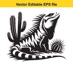 Black and white illustration of an iguana in a desert setting