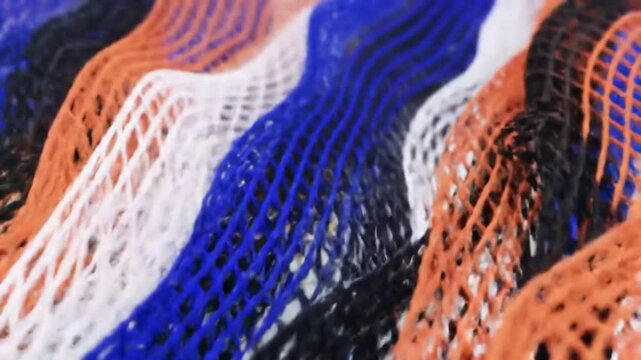 Close up view of a collection of colorful fishnet stockings in blue black orange and white colors
