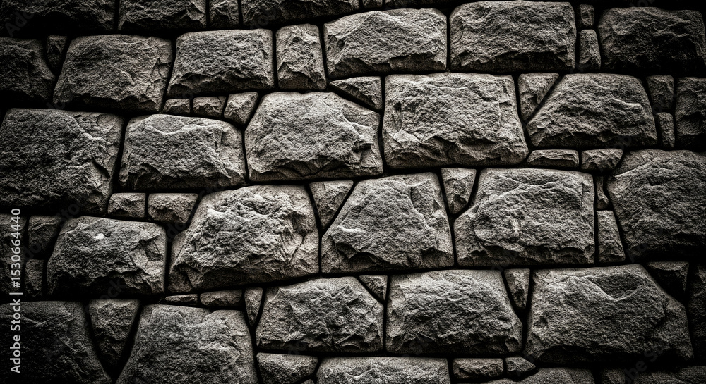 Poster close-up of gray stone wall texture, showing rough, irregular shapes, symbolizing strength, durabili