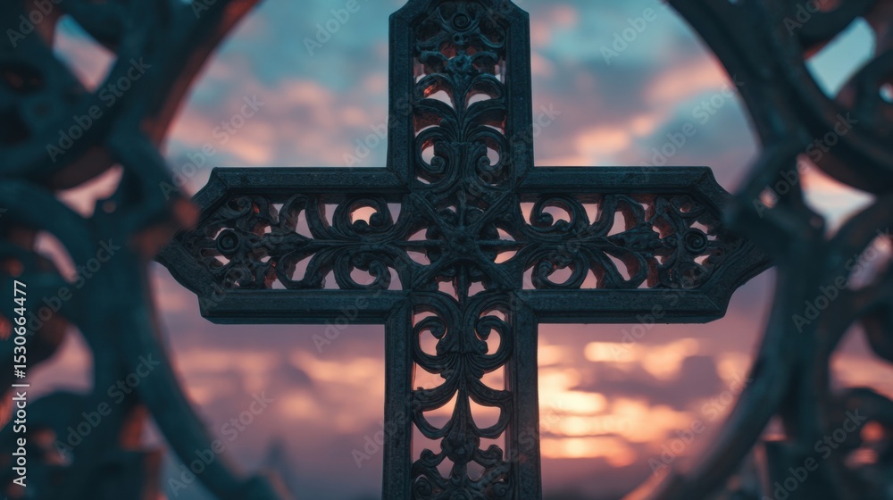 Poster closeup of the intricate patterns and textures of the cross, standing out against the soft, pastel c
