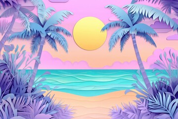 Colorful paper cut beach scene at sunset.
