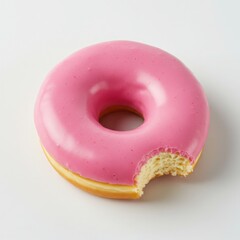 Pink glazed donut with a bite missing isolated on white background
