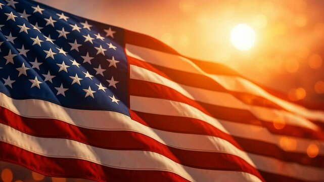 Low-angle video shot of the American flag waving against a vibrant sunset, creating a patriotic and inspiring atmosphere with warm tones. Live desktop wallpaper.