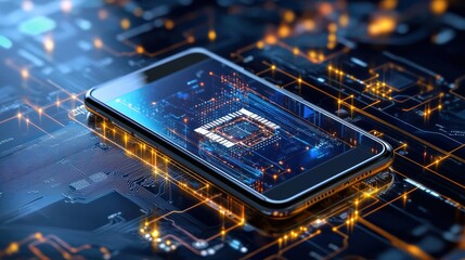 A cell phone is displayed on a circuit board with a glowing, futuristic look