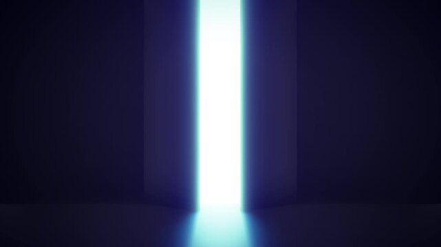 Large opening gate or door with shining volumetric light in dark room. 3d animation.