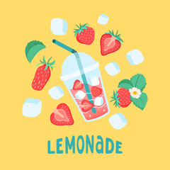 Summer square card with strawberries. Lemonades, berry, ice cube and leaves icon. Bright seasonal yellow background for cafes, menus, and advertisements. Food and drinks. Vector flat illustration.