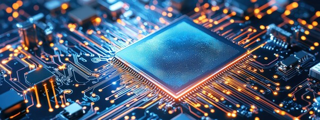 A close up of a computer chip with a blue and orange background