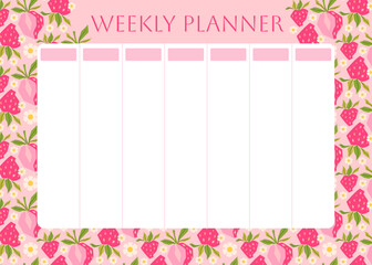 Weekly planner with pink strawberry pattern. Low poly strawberries on pink background. Lifestyle planner for 7 days. Schedule design template. Vector flat illustration
