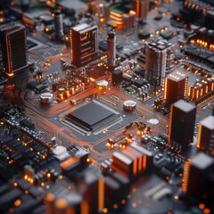 A computer chip is shown in a close up of a city