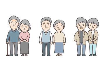 三組のシニア夫婦の全身イラストセット
