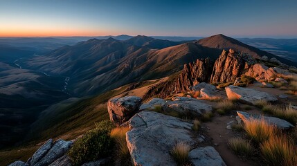 the image captures a mountainous landscape under a serene early morning sky