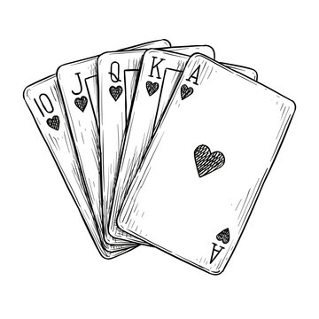 heart royal straight flush poker cards vector line art hand drawn illustration