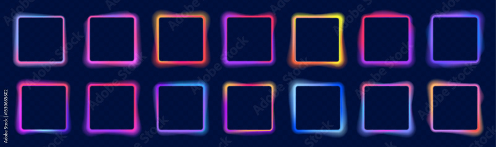 Aufkleber Set of square frame in neon electricity style on dark background. Neon glowing square frames, futuristic gradient colorful borders, modern vector design.