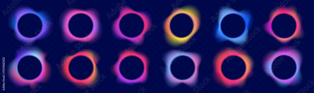 Poster set of bright colored gradient neon circles of round curve shape with wavy dynamic lines. color grad
