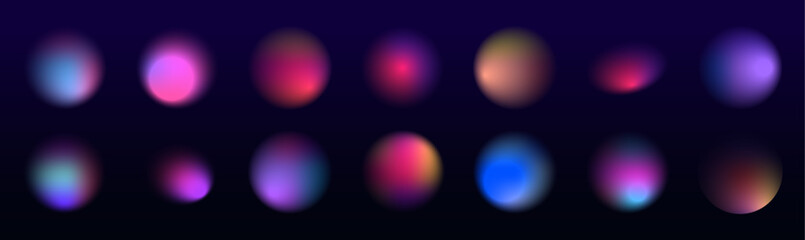 Soft color gradient blending mesh blur smooth bright multicolor, glowing circles on dark background. Round light frame. Can be used for badges, price tags, labels.  © ikril