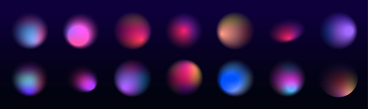 Soft color gradient blending mesh blur smooth bright multicolor, glowing circles on dark background. Round light frame. Can be used for badges, price tags, labels.	