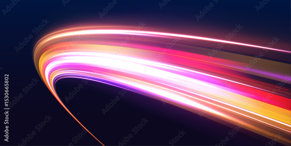 Poster Neon color glowing lines background, high-speed light trails effect. Modern abstract high-speed light motion effect on black background. Light motion effect, slow shutter of traffic.	