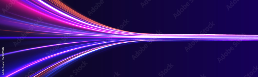 Poster Neon beams speed down a dark road, creating a sense of endless movement. The vibrant colors and glowing lights emphasize the fast pace of modern technology.	