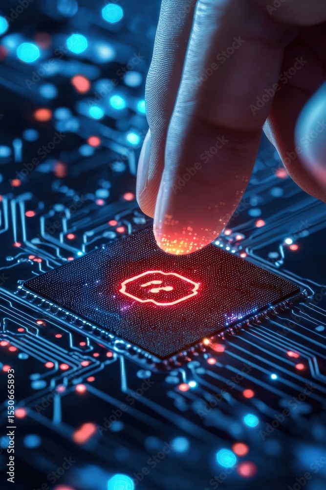 Poster a hand is pointing at a computer chip with a red x on it