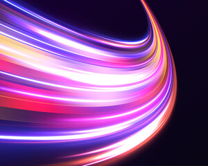 Neon color glowing lines background, high-speed light. Modern abstract high-speed light motion effect on a black background, featuring neon stripes in the form of drills, turns, and swirls.	