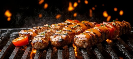 Grilled barbecue skewers with juicy tomatoes and sauce, perfect for a summer outdoor feast.