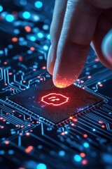 A hand is pointing at a computer chip with a red X on it