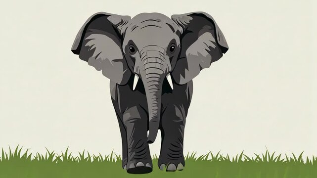Graphic style elephant facing forward with large ears, standing in grass