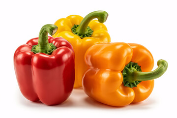 Three vibrant bell peppers red yellow and orange on white background