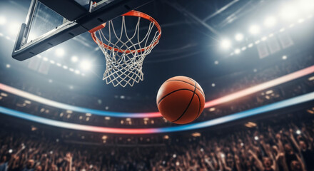 Basketball Ball Flying Towards Hoop In Arena With Spectators And Bright Lights