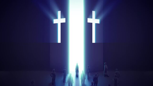 Large opening gate or door with christian symbol of cross. People stand in front of entrance or exit of church. Shining bright light in dark room. 3d animation.